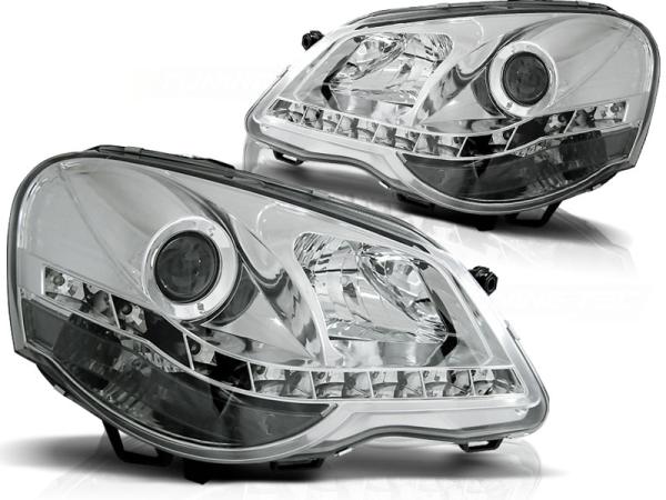 Scheinwerfer LED Tagfahrlicht Optik für VW Polo 9N3 Bj. 05-09 Chrom